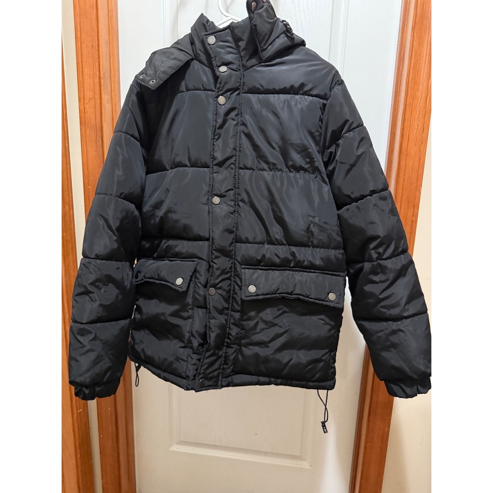 Forever 21 Men Black Puffer Jacket Hooded Quilted Winter Coat Small